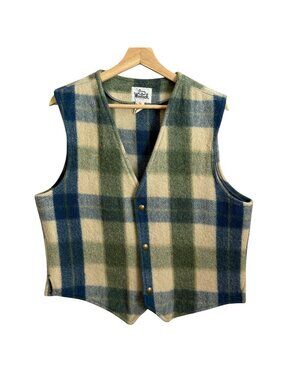Vintage Woolrich Western Outdoors Plaid Wool Vest Tan Green Blue L Tomboy Femme